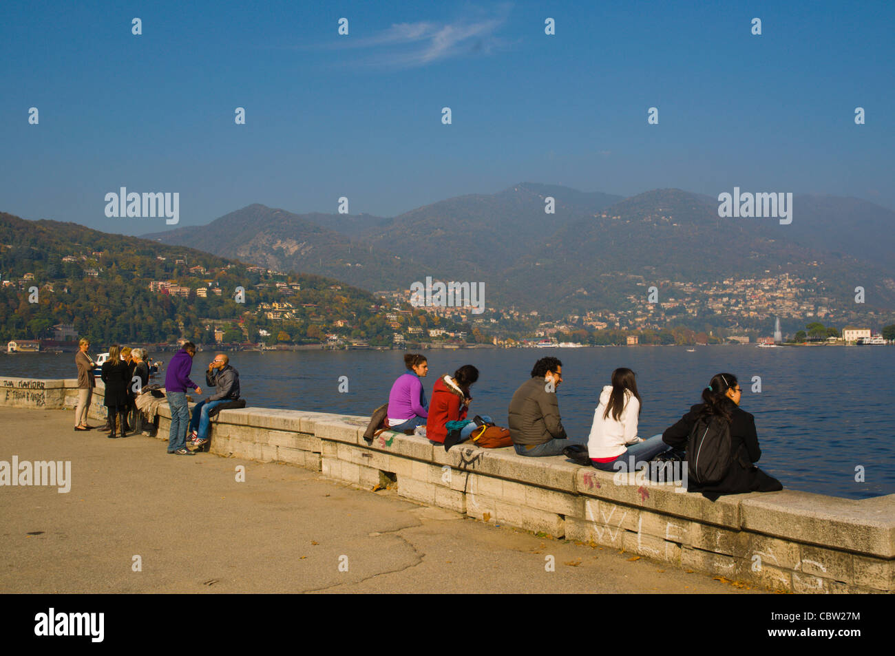 People by Lago di Como the Como lake at Como town Lombardy region Italy Europe Stock Photo