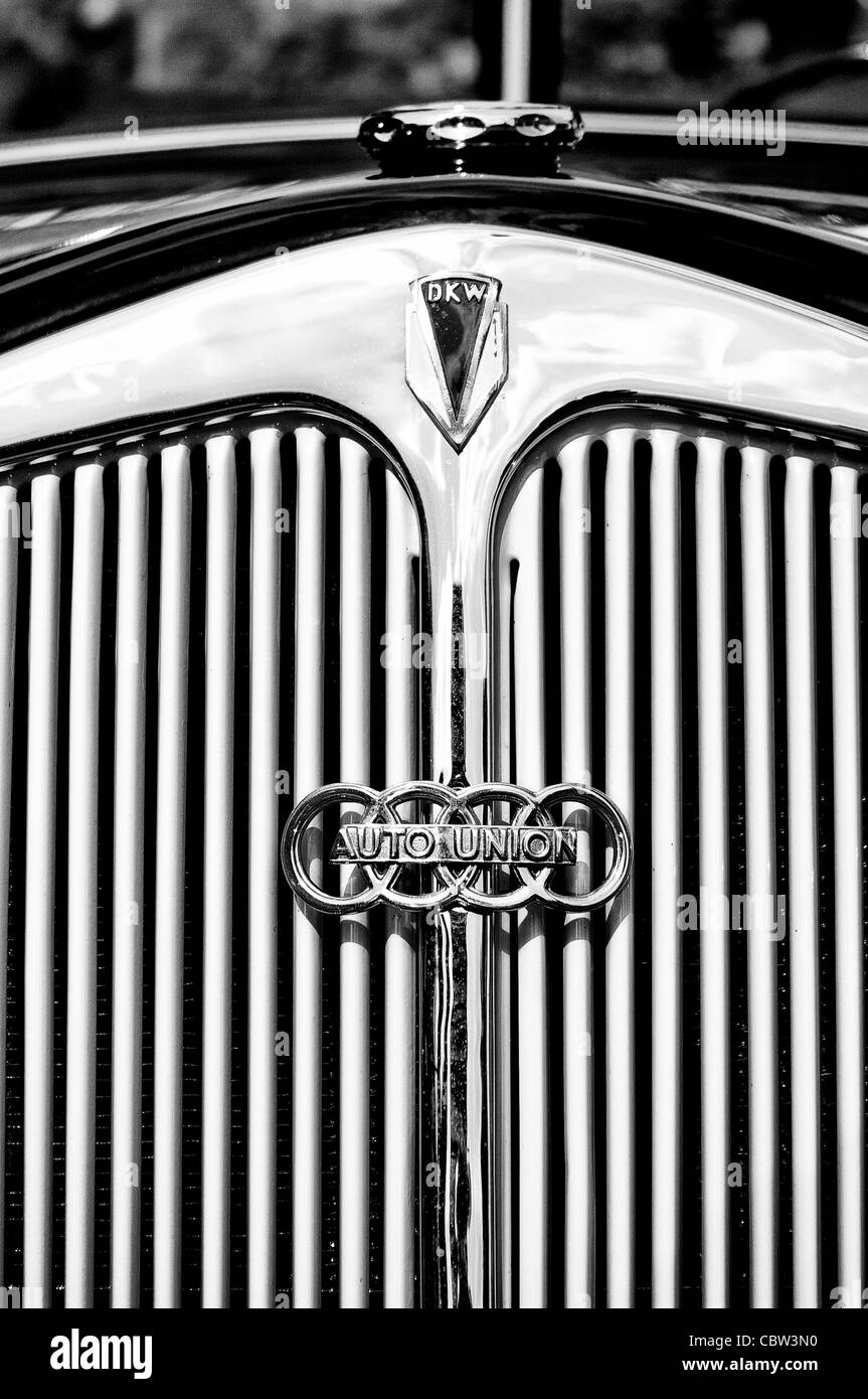 Radiator (engine cooling) and the emblem of the car DKW (Auto Union) Stock Photo