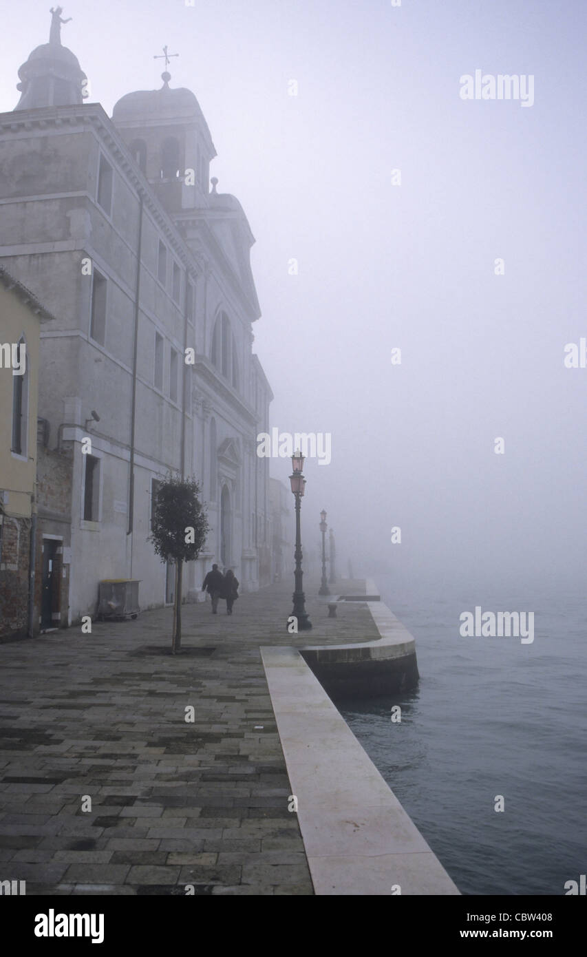 San Simeon Piccolo church and Canal Grande in fog Venice Italy Stock Photo