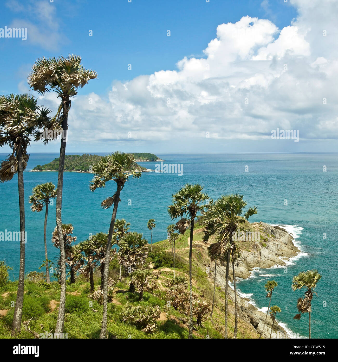 View of a Promthep cape in sunny day. Phuket island, Thailand. Square composition. Stock Photo