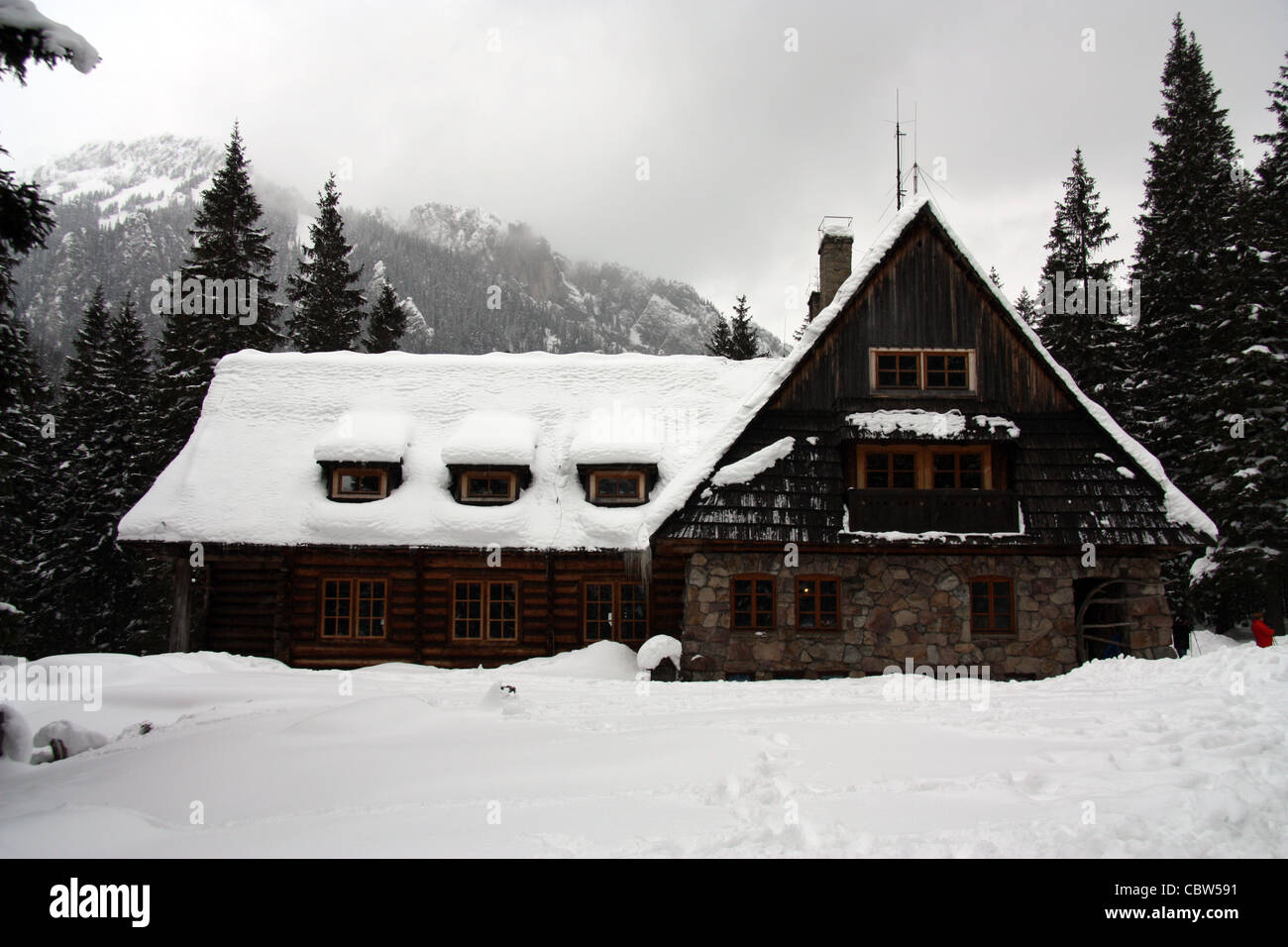 house in snow in the carpathian mountains in zakopane, poland. winter Stock Photo