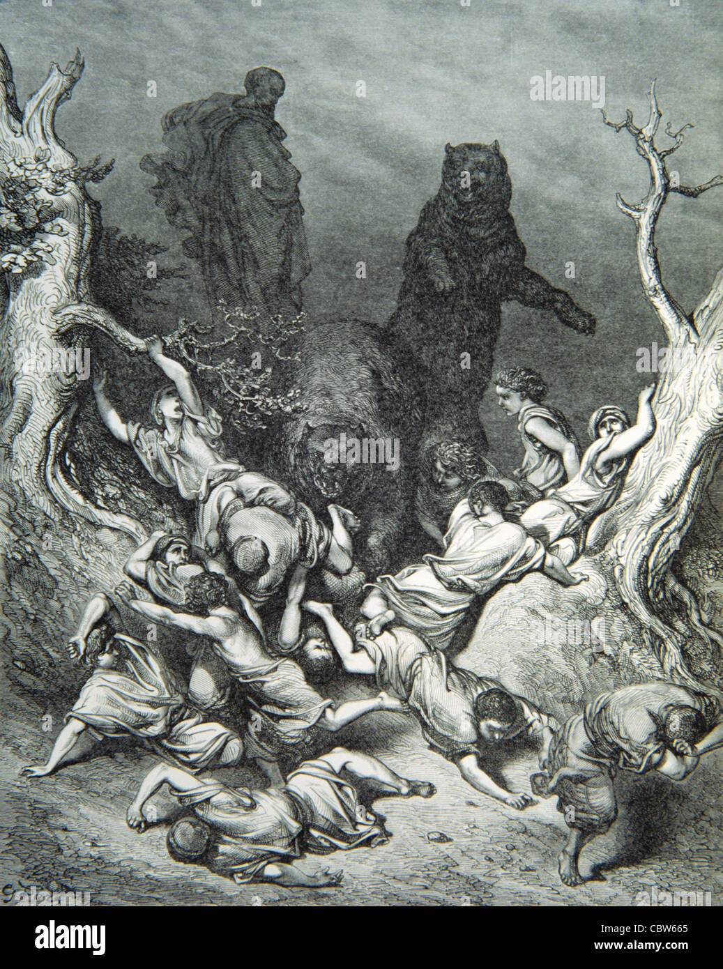 Brown Bears, Ursus arctos, Attacking Children, 'The Children Destroyed by Bears', from The Doré Bible, Engraving by Gustave Doré, 1866 Stock Photo