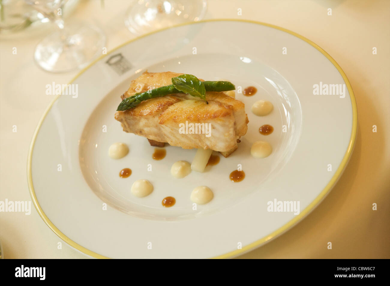 Plated food from Restaurant Patrick Guilbaud, the only two Michelin Star restaurant in the Merrion Hotel Dublin, Ireland. Stock Photo