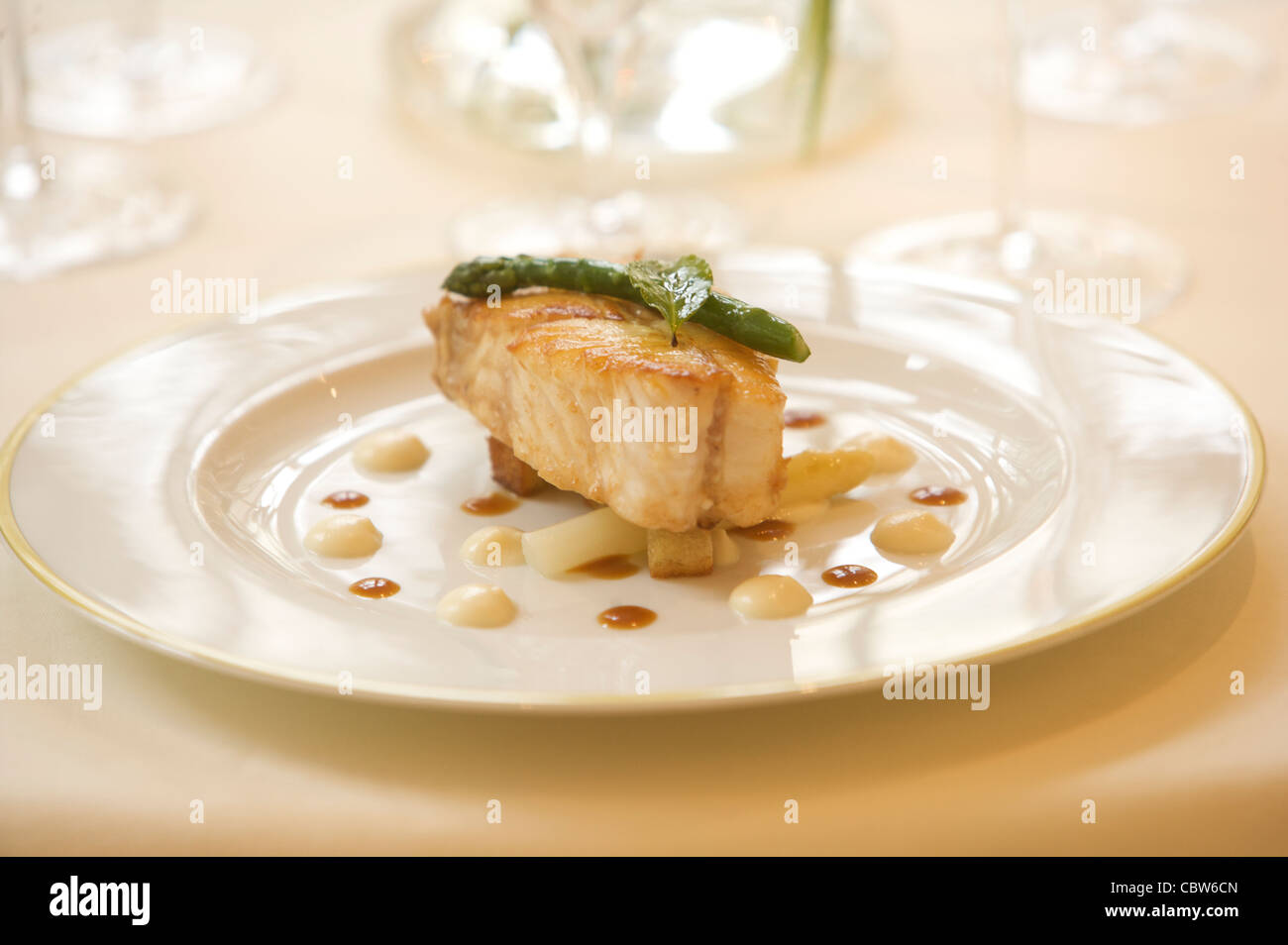 Plated food from Restaurant Patrick Guilbaud, the only two Michelin Star restaurant in the Merrion Hotel Dublin, Ireland. Stock Photo