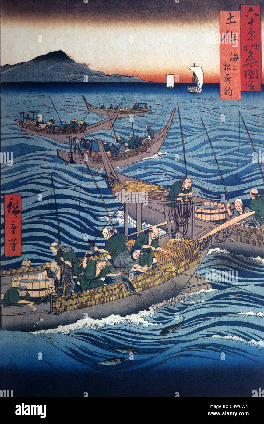 Fishermen at Work, Tosa Province, Japan. 1855 Wood Block Print by Utagawa Hiroshige, from 'Sixty Famous Places'. Stock Photo