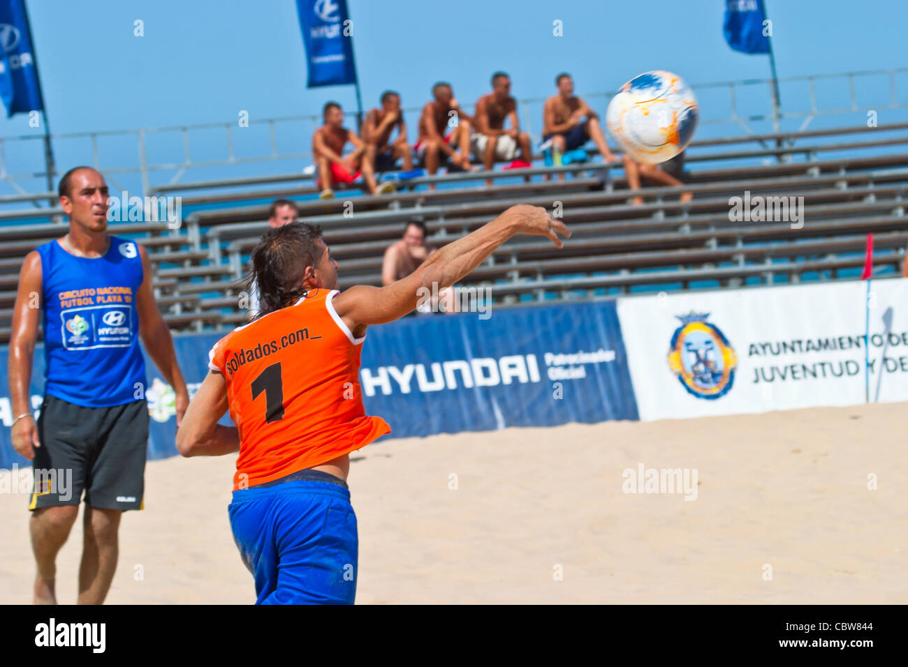 Unknown goalkeeper of unknown team playing the Spanish Championship of Beach Soccer Stock Photo