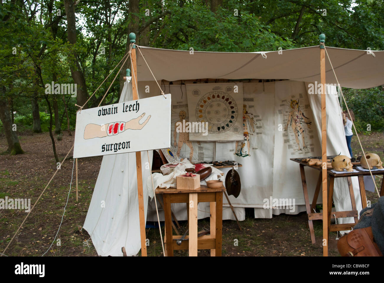 Tent of Owain Leech surgeon, used for demonstration of old medical practices at Robin Hood festival Stock Photo