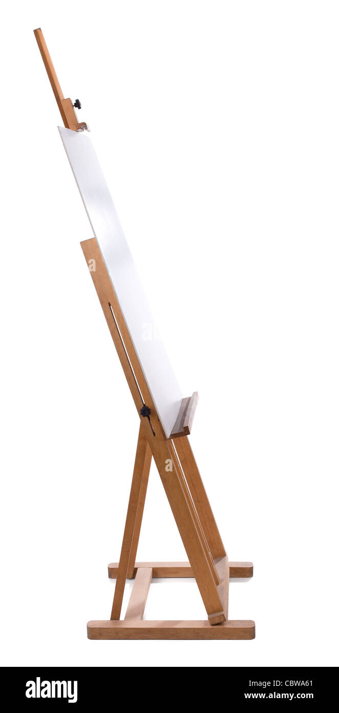 wooden easel with blank canvas isolated on white background Stock Photo
