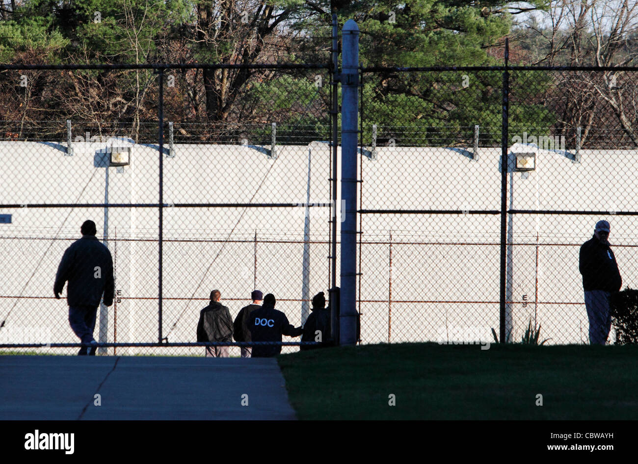 Prisoners in the yard at the medium security prison, Massachusetts Correctional Institute, Norfolk, Massachusetts Stock Photo