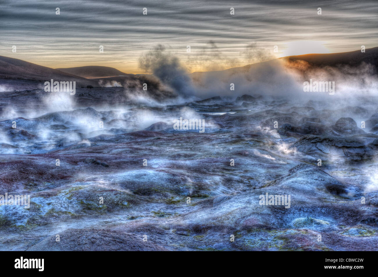 Fumaroles and strange landscapes at Sol de Manana geothermal field in Bolivia near the Bolivia/Chile border Stock Photo