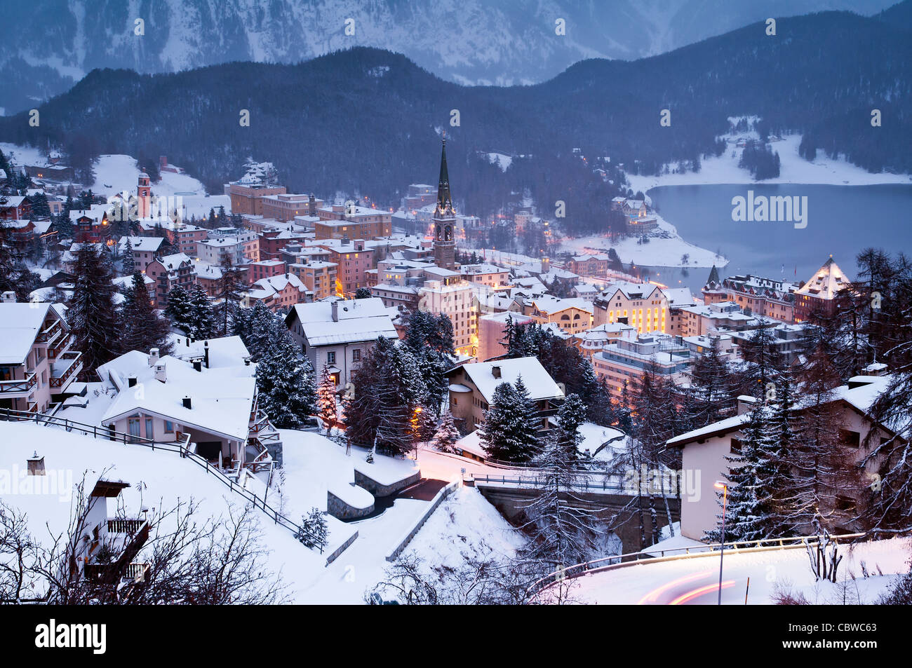 Winter scenic view at dusk over St. Moritz, Engadina, Switzerland Stock Photo