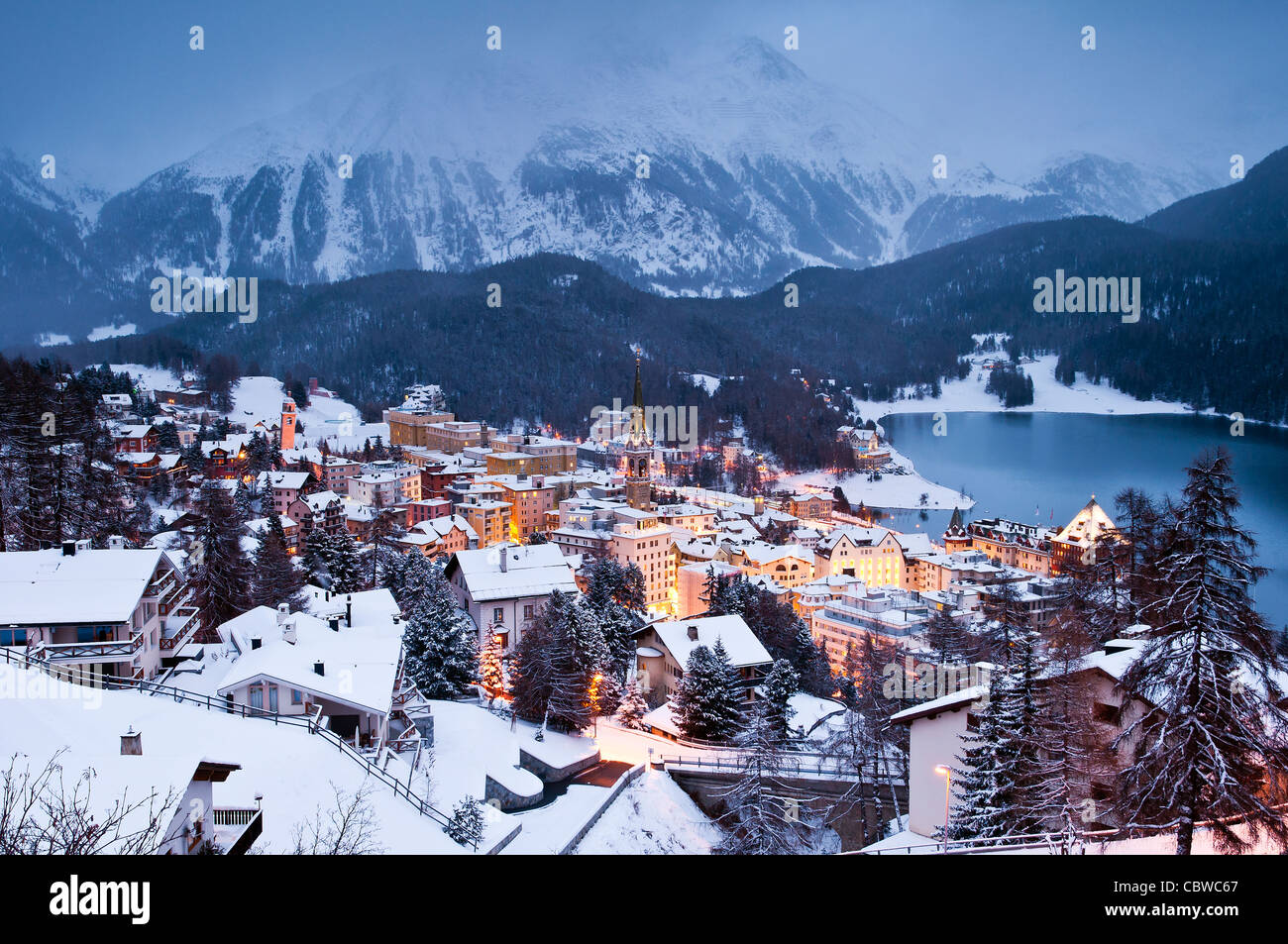 Winter scenic view at dusk over St. Moritz, Engadina, Switzerland Stock Photo