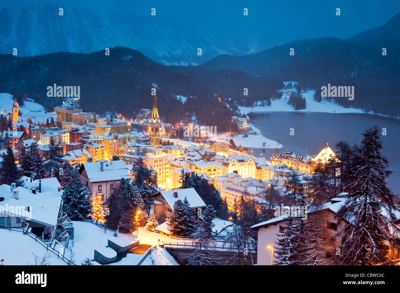 Winter scenic view at dusk over St. Moritz, Engadina, Switzerland Stock Photo