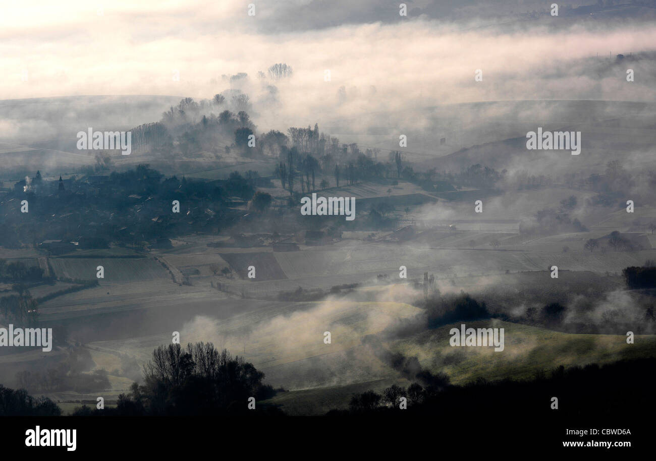 Misty landscape, Limagne, Auvergne, France, Europe Stock Photo