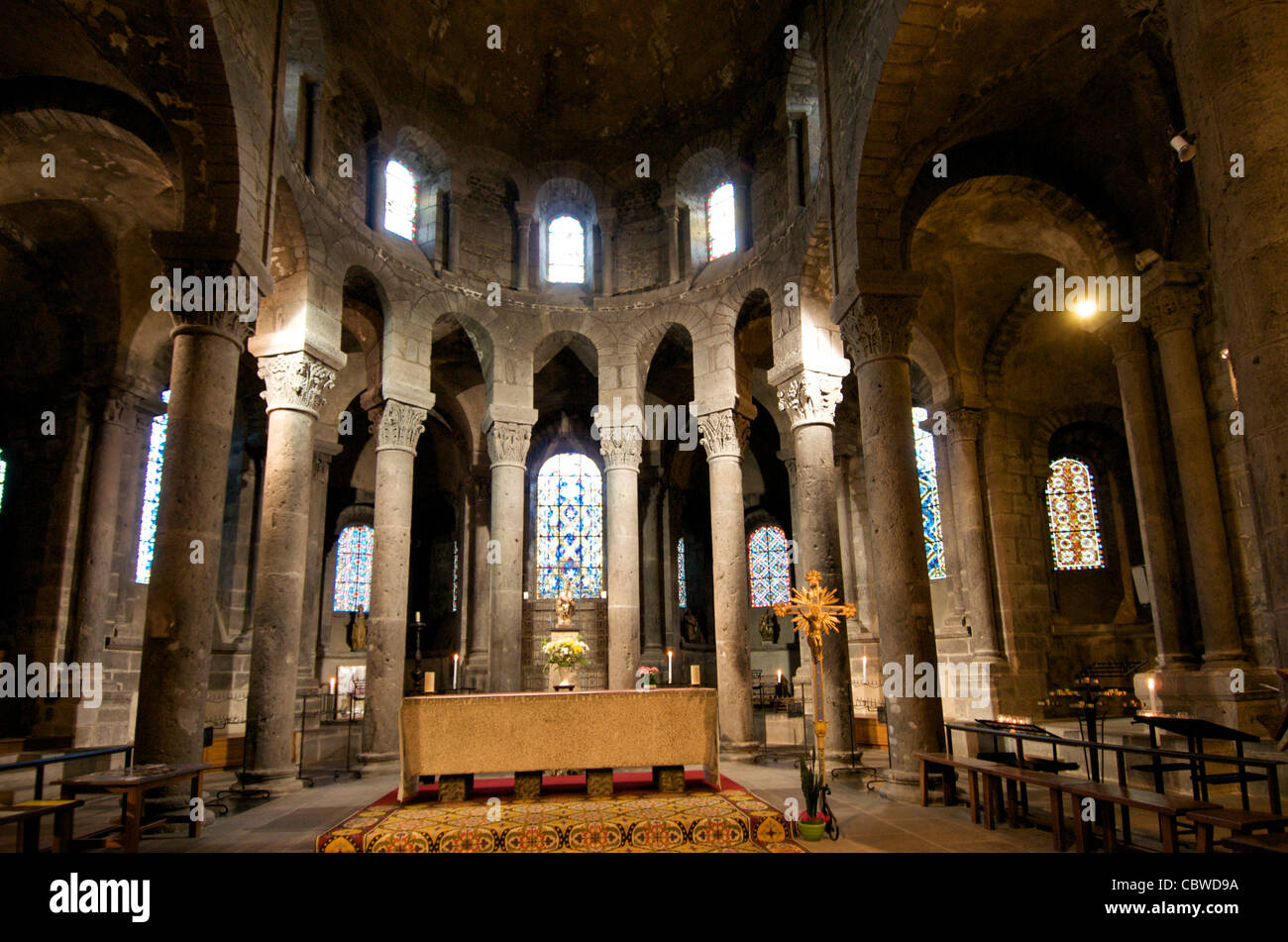 Romanesque church Notre-Dame d'Orcival, Orcival, Puy de Dome, Auvergne, France, Europe Stock Photo