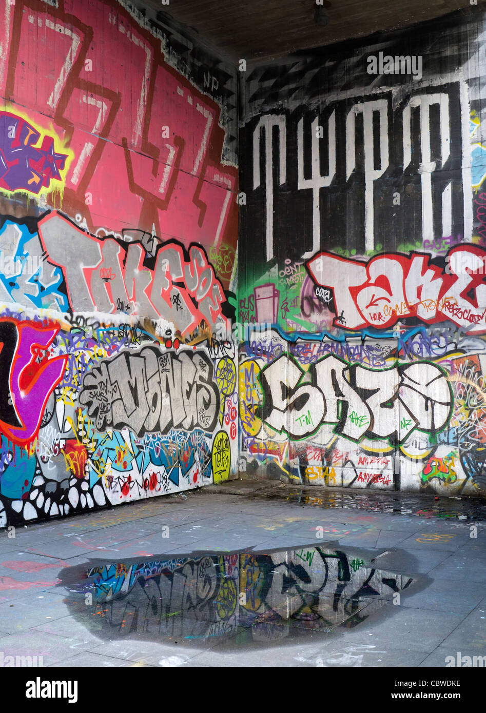 Grafitti-land on the South Bank, London- reflection in a puddle Stock Photo