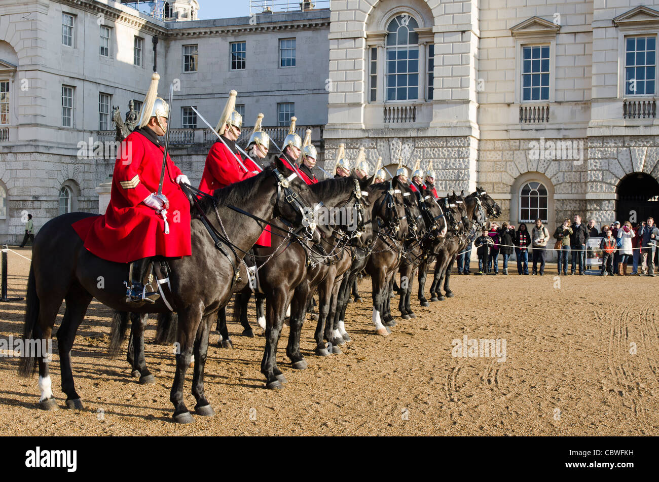 Life Guards on horses Horse Guards Parade, Whitehall, London Uk Sergeant in foreground Stock