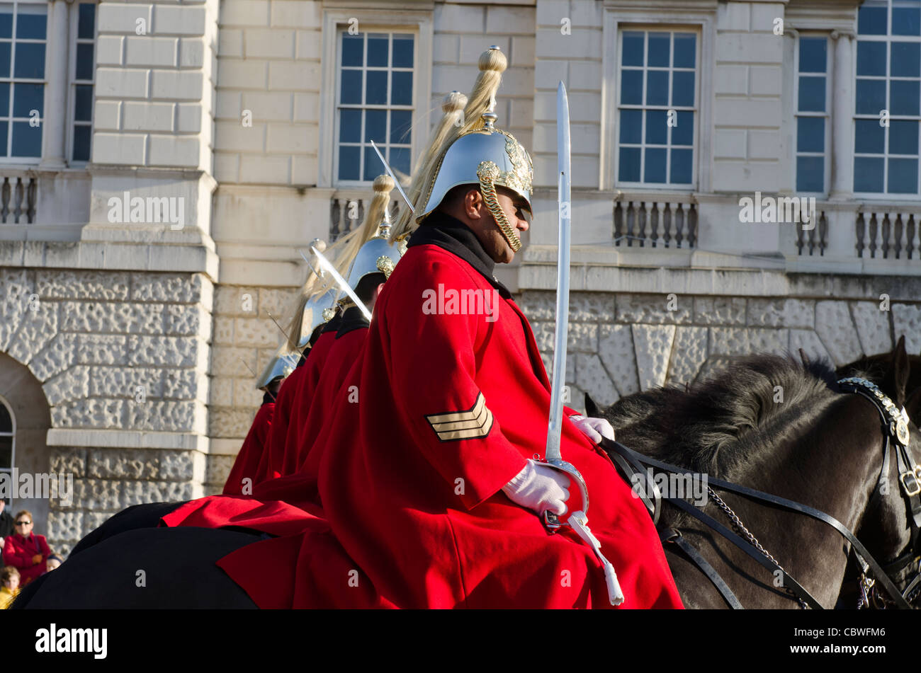 Life Guards on horses Horse Guards Parade, Whitehall, London Uk Sergeant in foreground Stock Photo