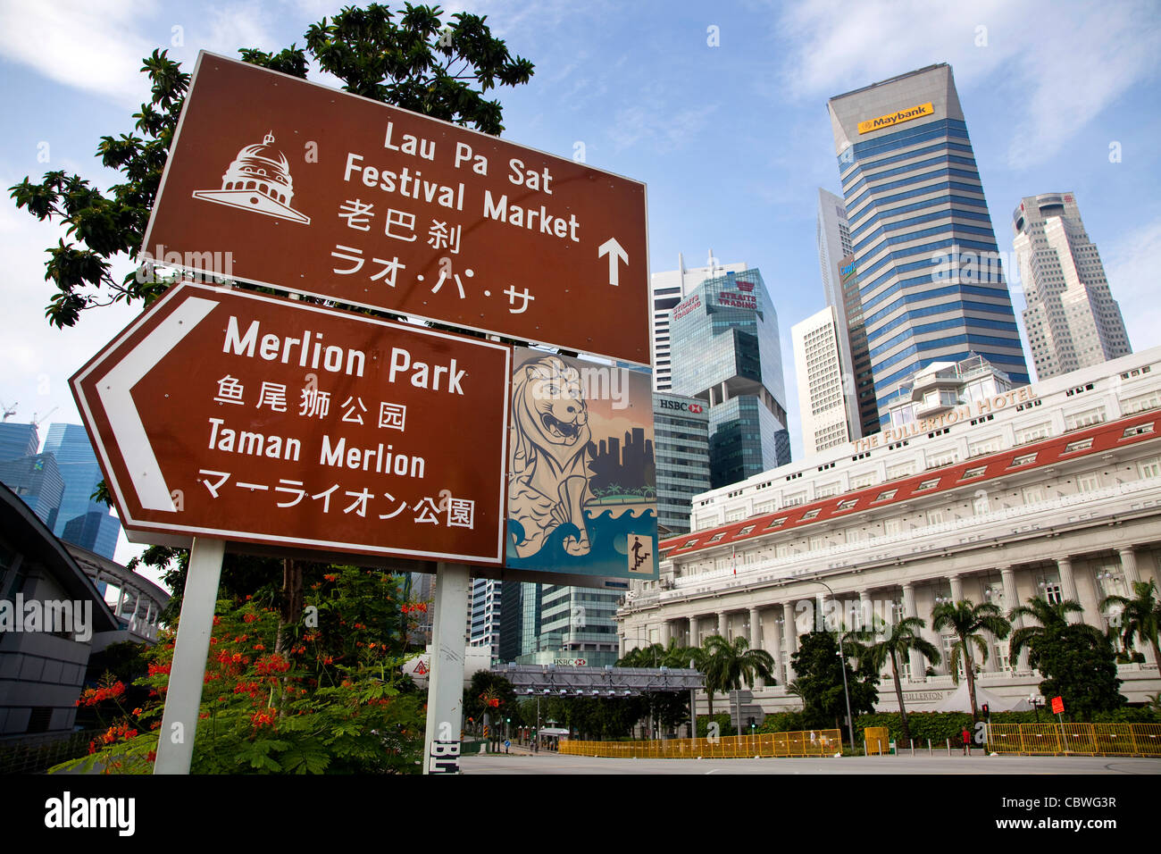 Street signs and urban view of the city of Singapore, Asia with modern
