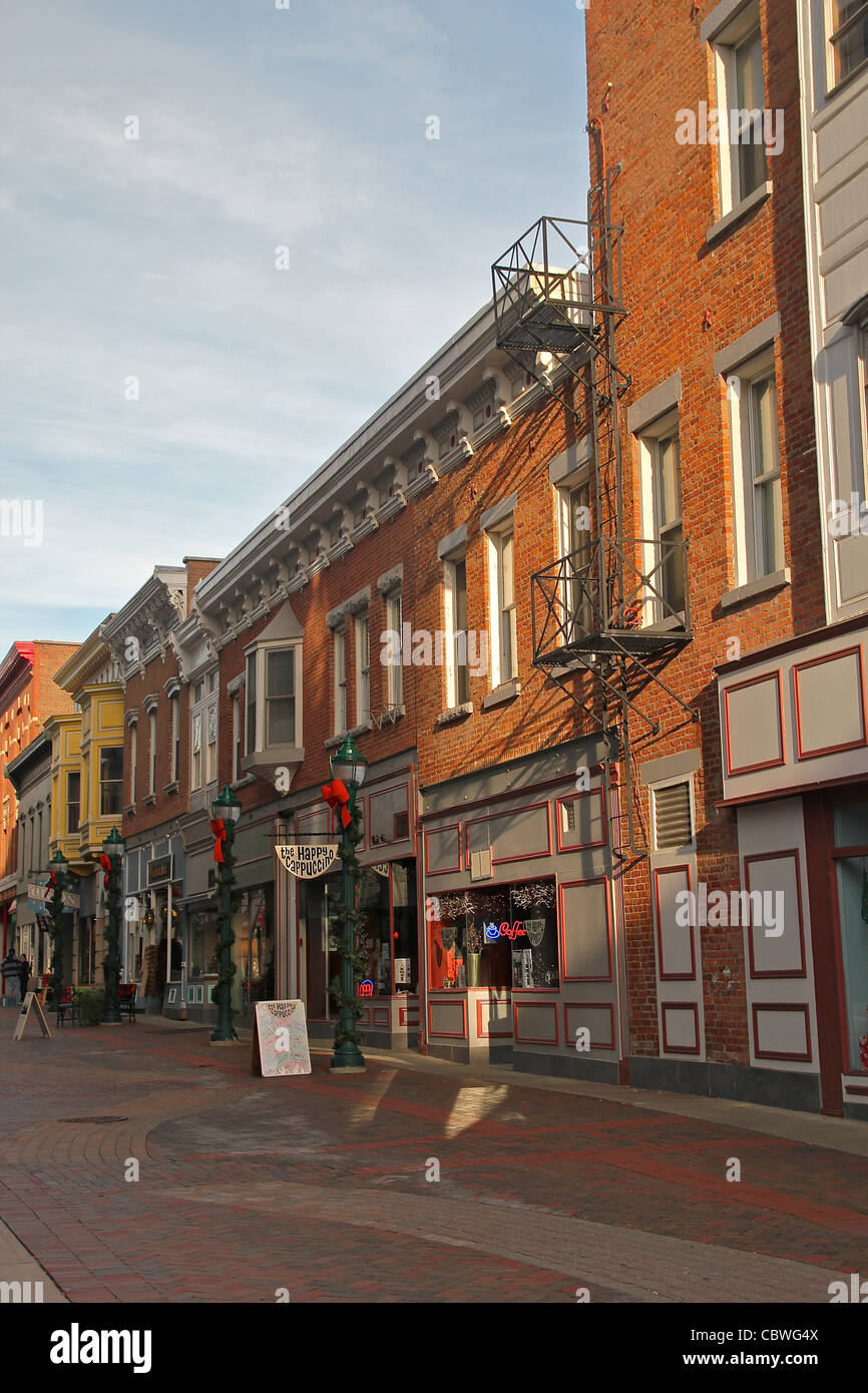 Pedestrian area with shops and cafes in downtown Schenectady, New York, United States Stock Photo