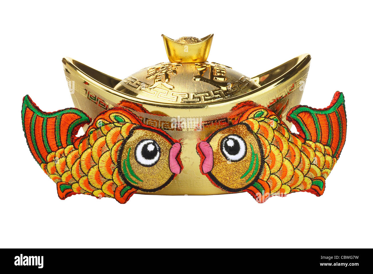 Chinese new year gold ingot and auspicious carp ornaments on white background Stock Photo