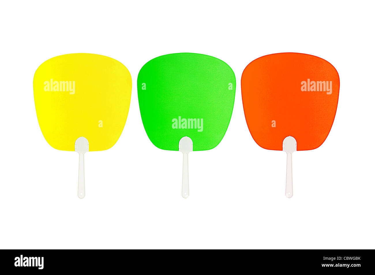 Three Colorful Oriental Plastic Fans on White Background Stock Photo