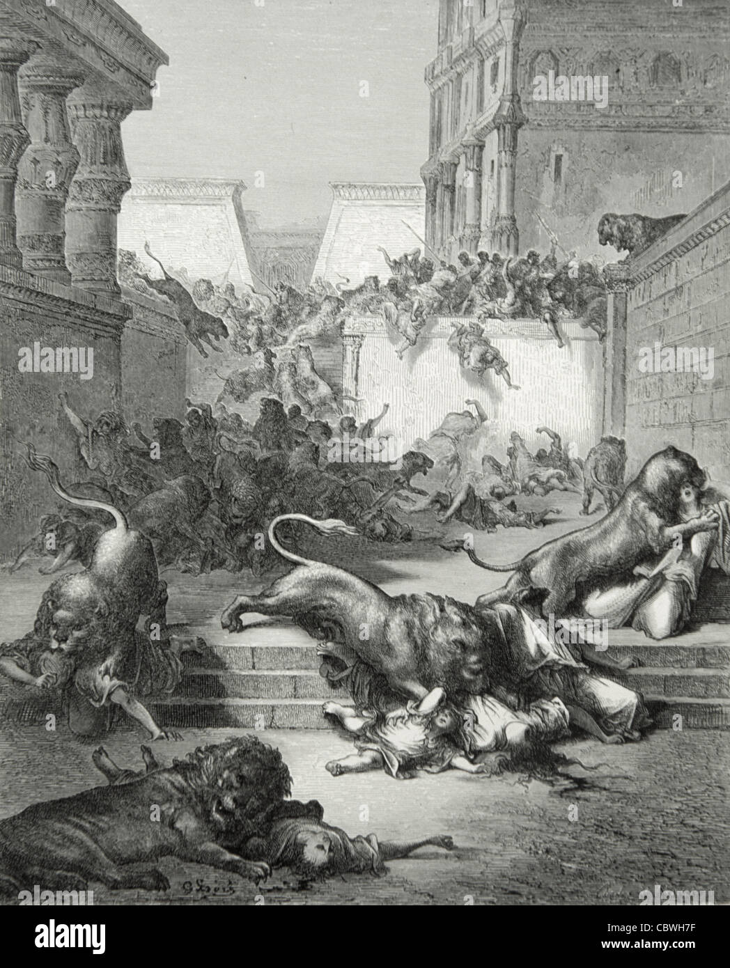 The Strange Nations Slain by the Lions of Samaria sent by God, Engraving by Gustave Doré, 1866 Stock Photo
