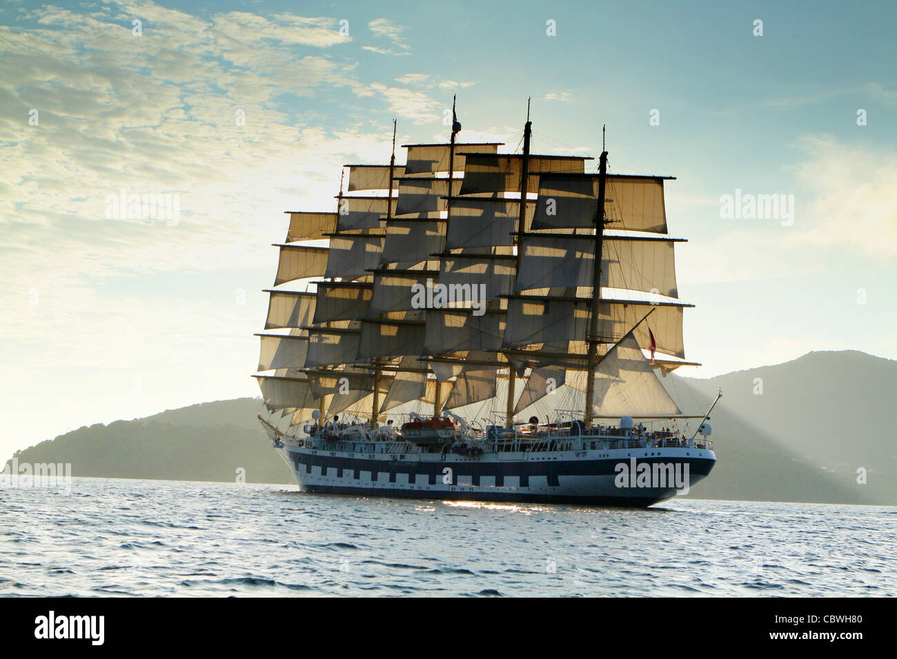 Star Clipper's Square Rigged ship 'Royal Clipper' under full sail off The Saintes in the West Indies Stock Photo