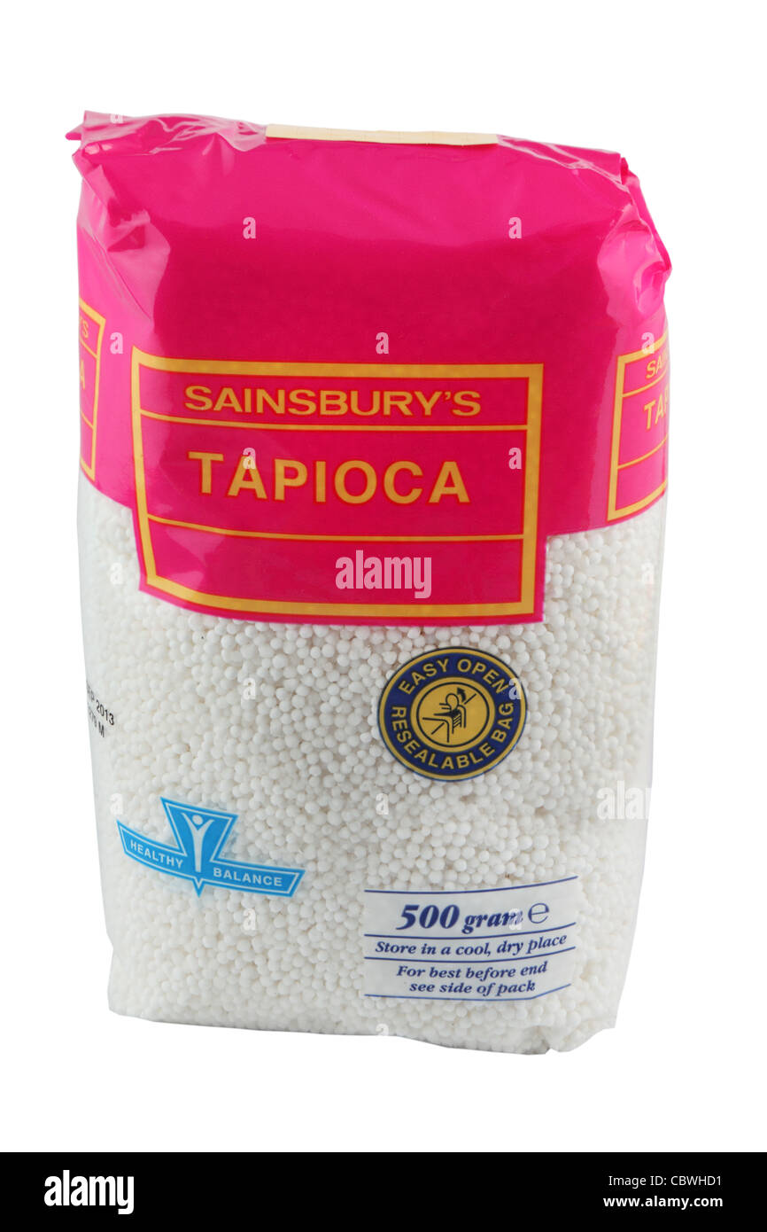 A 500g plastic bag of Sainsbury's Tapioca, a milk pudding ingredient  isolated on white background Stock Photo