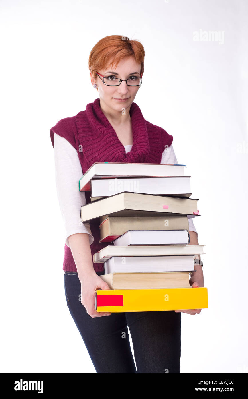 student girl carries many books isolated on white background Stock Photo