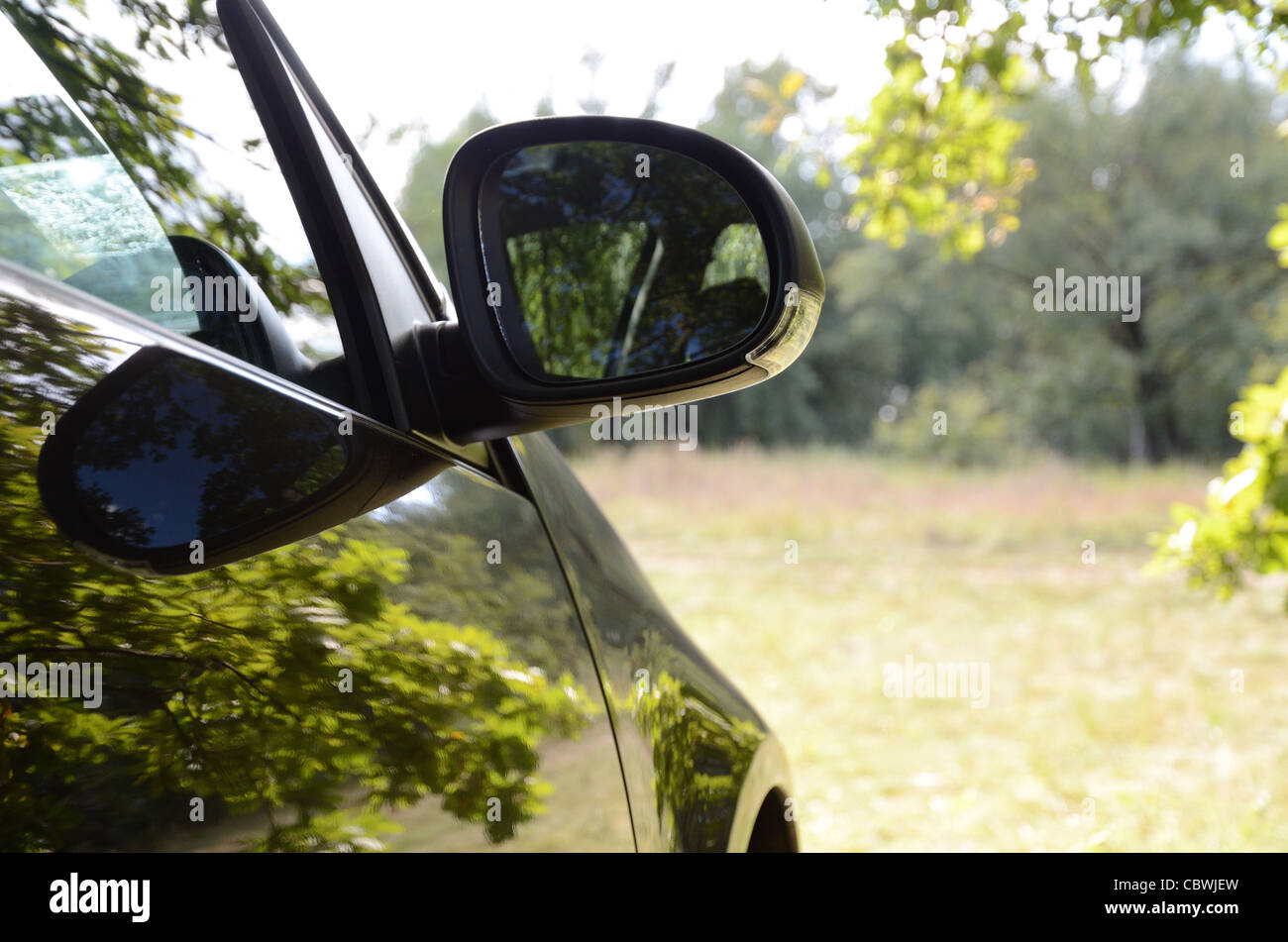 Car with reflections of green trees in sunny lawn. Stock Photo