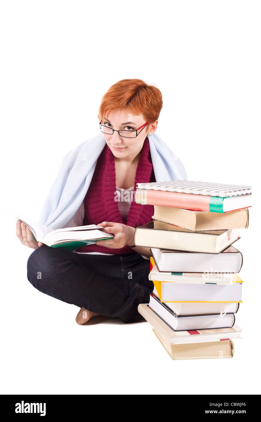 student girl with many books isolated on white background Stock Photo