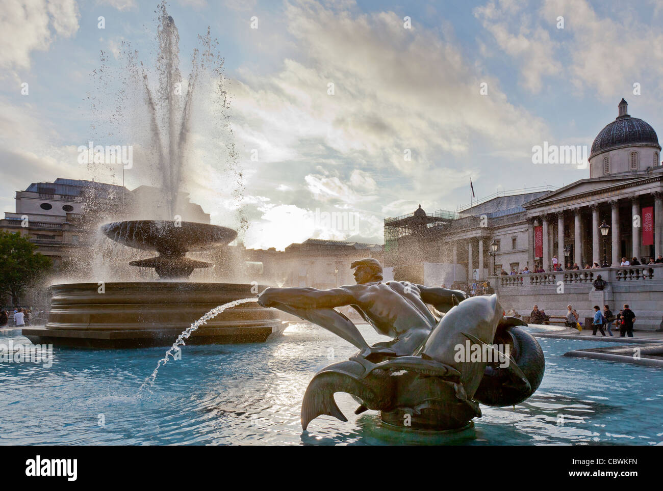 A view of Trafalgar Square Fountain, The National Dining Rooms, the National Portrait Gallery in London, England. Stock Photo