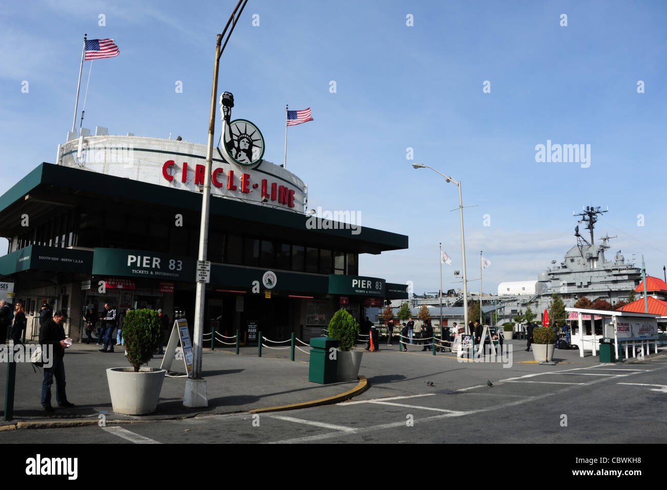 Blue sky view, USS Intrepid, asphalt, people, American Flags, Circle