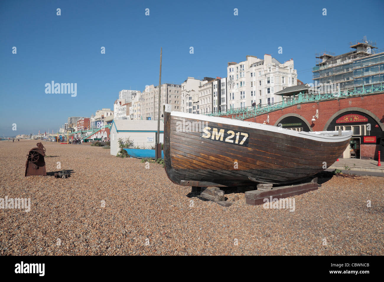 Historic fishing boasts on Brighton Beach in front of Brighton Fishing Museum on Brighton seafront, East Sussex, UK. Stock Photo