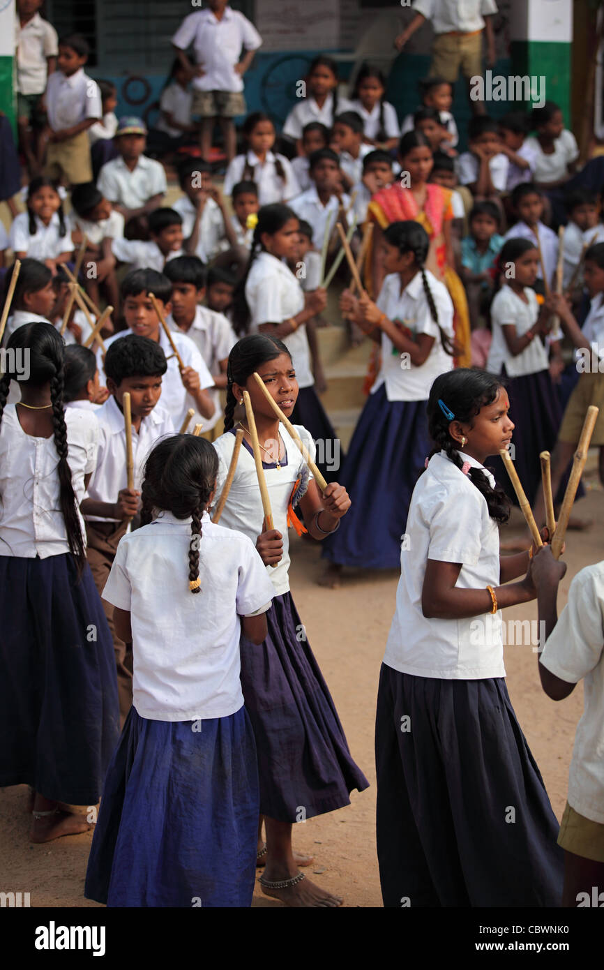 school children dancing and singing Andhra Pradesh South India Stock Photo
