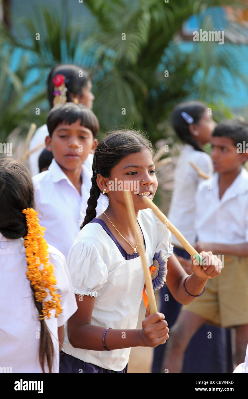 school children dancing and singing Andhra Pradesh South India Stock Photo