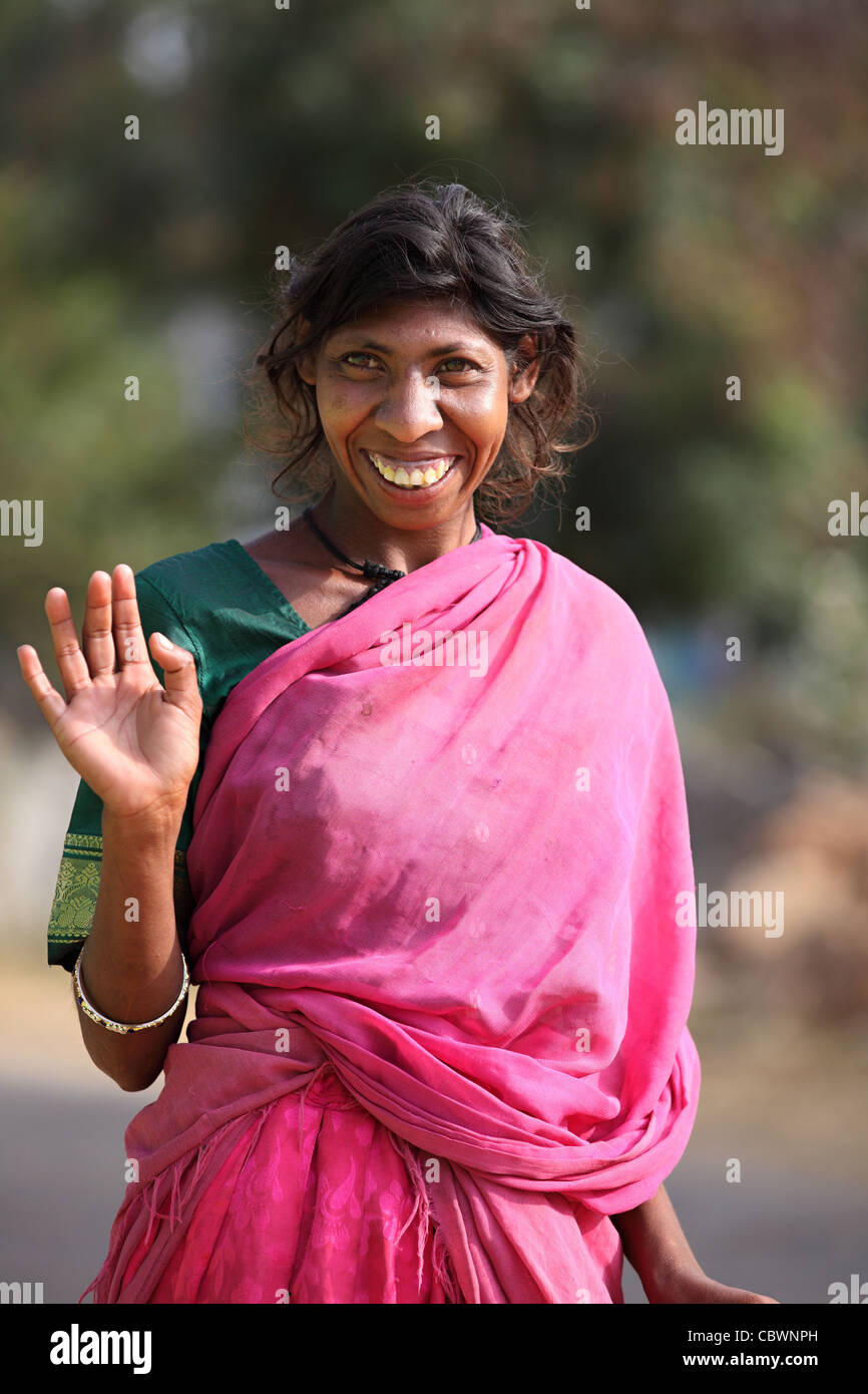 Mentally impaired and amazingly sweet woman in Andhra Pradesh South India Stock Photo