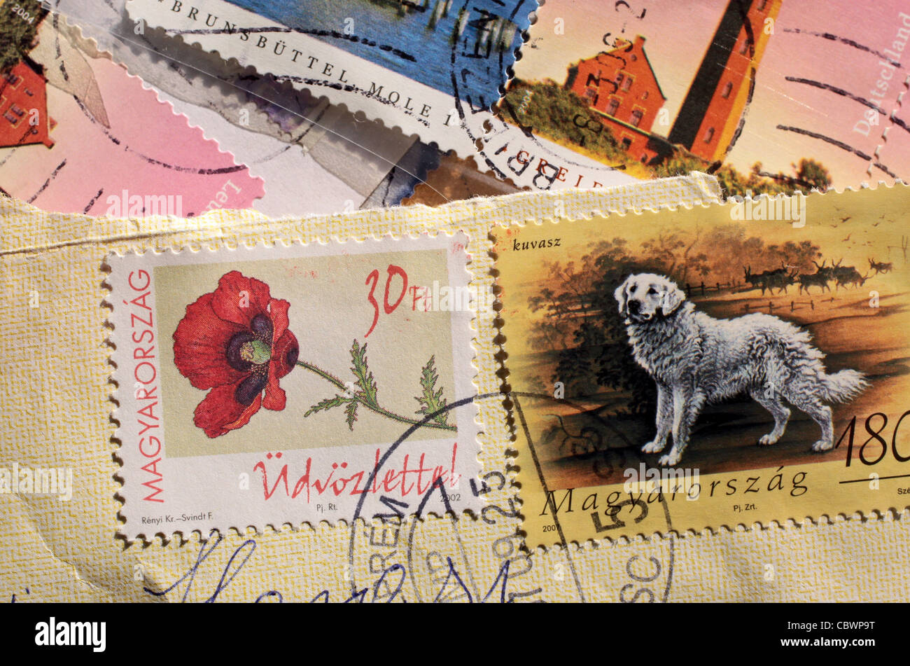 Postage stamps from Hungary varied and colorful Stock Photo