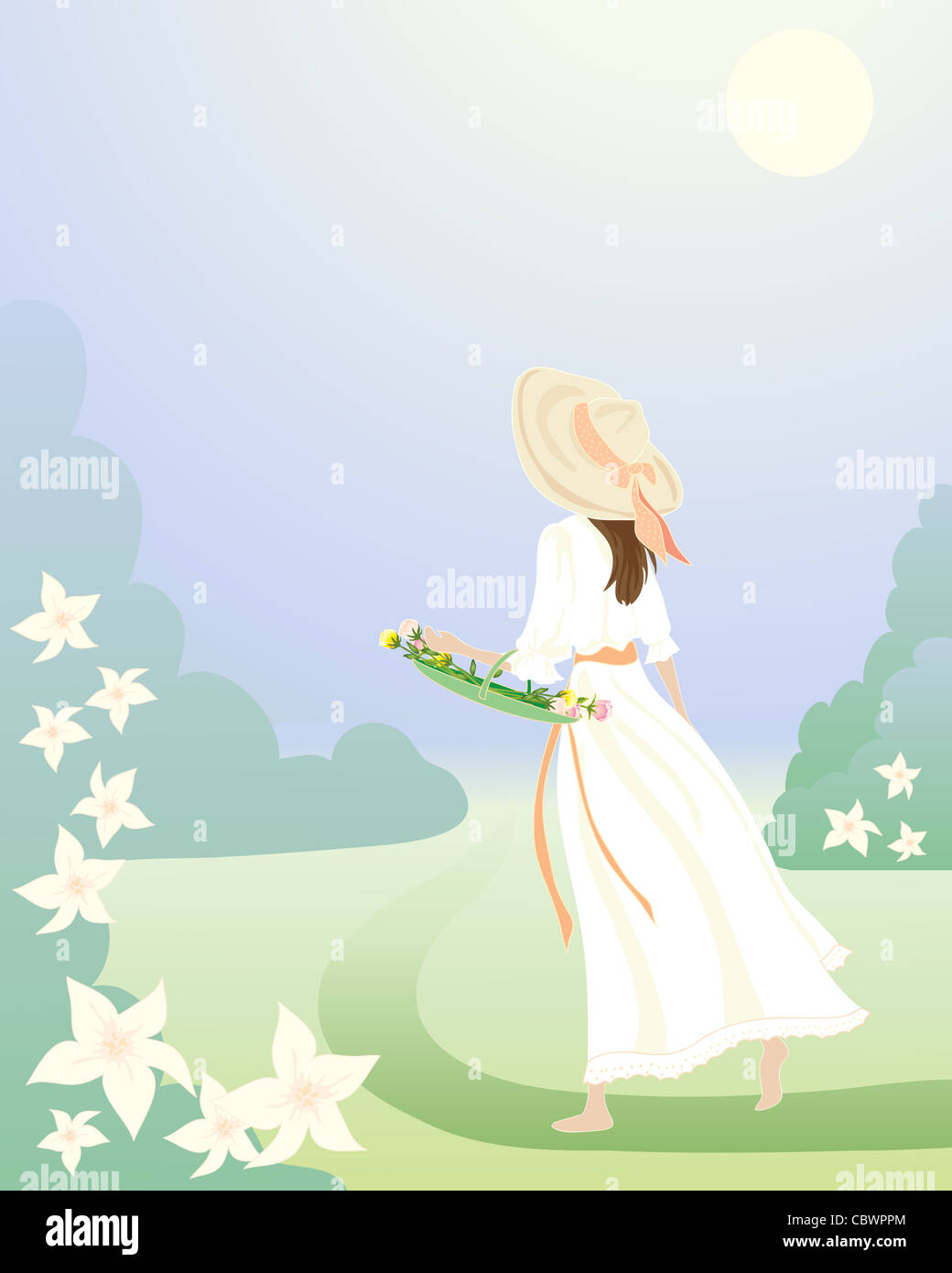 an illustration of a romantic garden with a woman in a white dress walking along the grass with a basket of roses Stock Photo