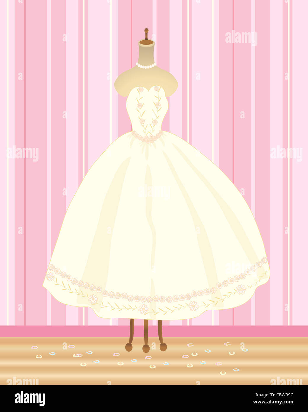 an illustration of a summer wedding dress on a manikin with striped wallpaper and a wooden floor Stock Photo