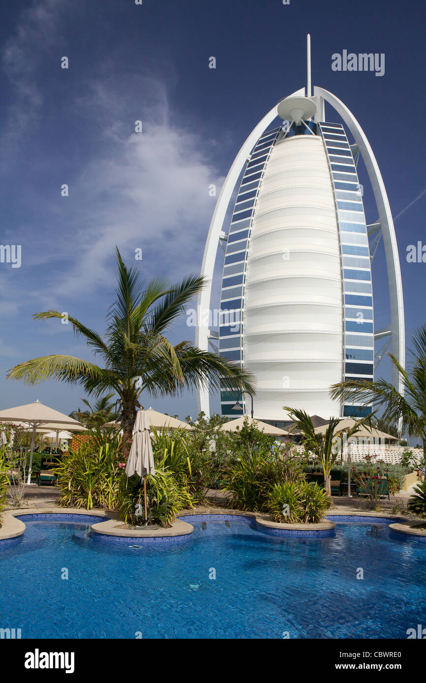 Swimming pool with the Burj Al Arab  on the background, Dubai, United Arab Emirates . Stock Photo