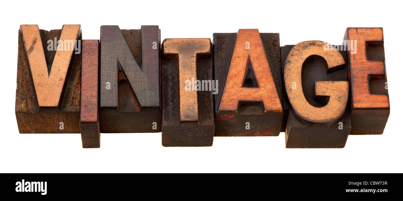 vintage, word in antique wooden letterpress printing blocks, stained by