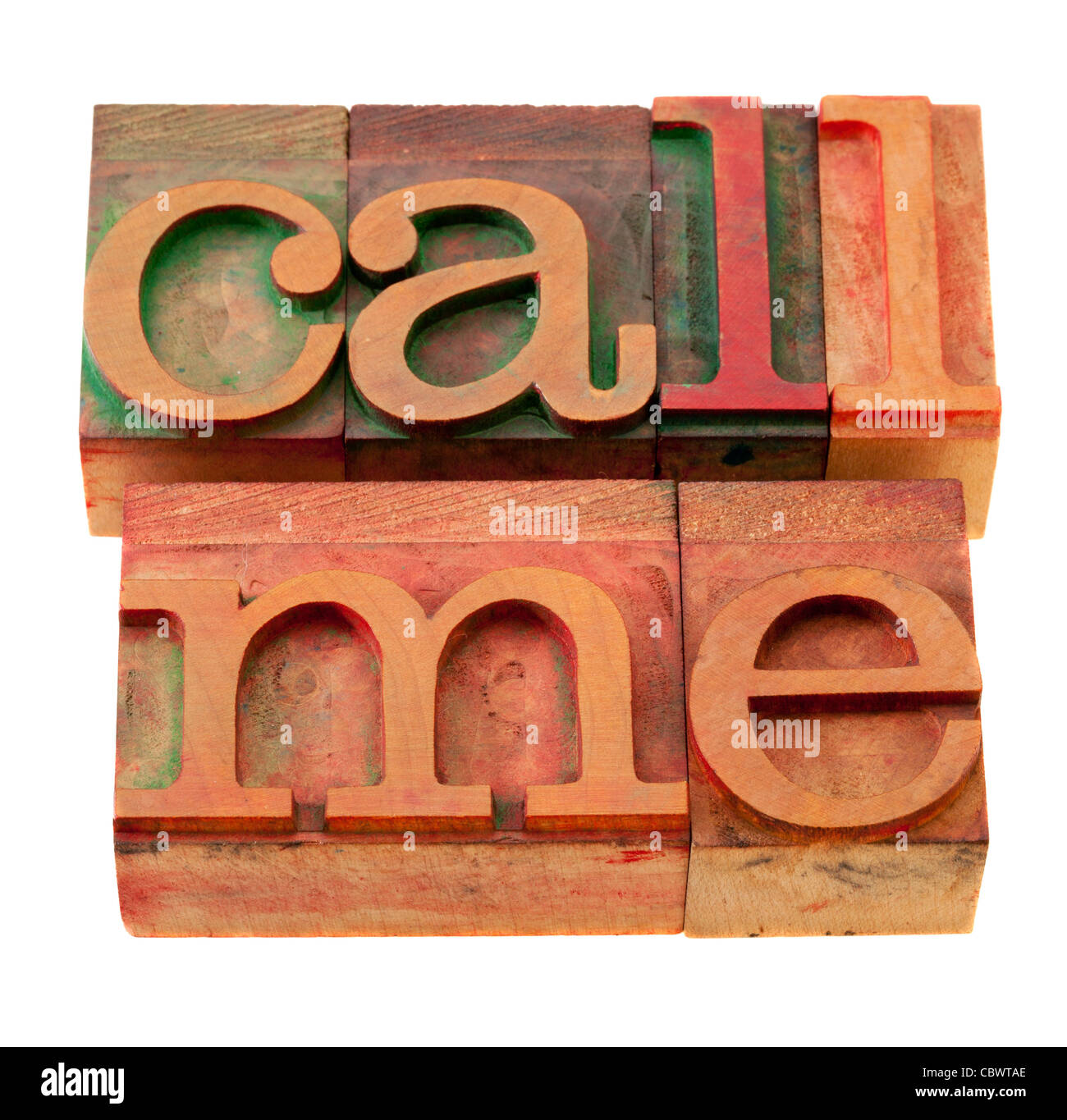 call me request or reminder - words in vintage wooden letterpress printing blocks, stained by color inks, isolated on white Stock Photo
