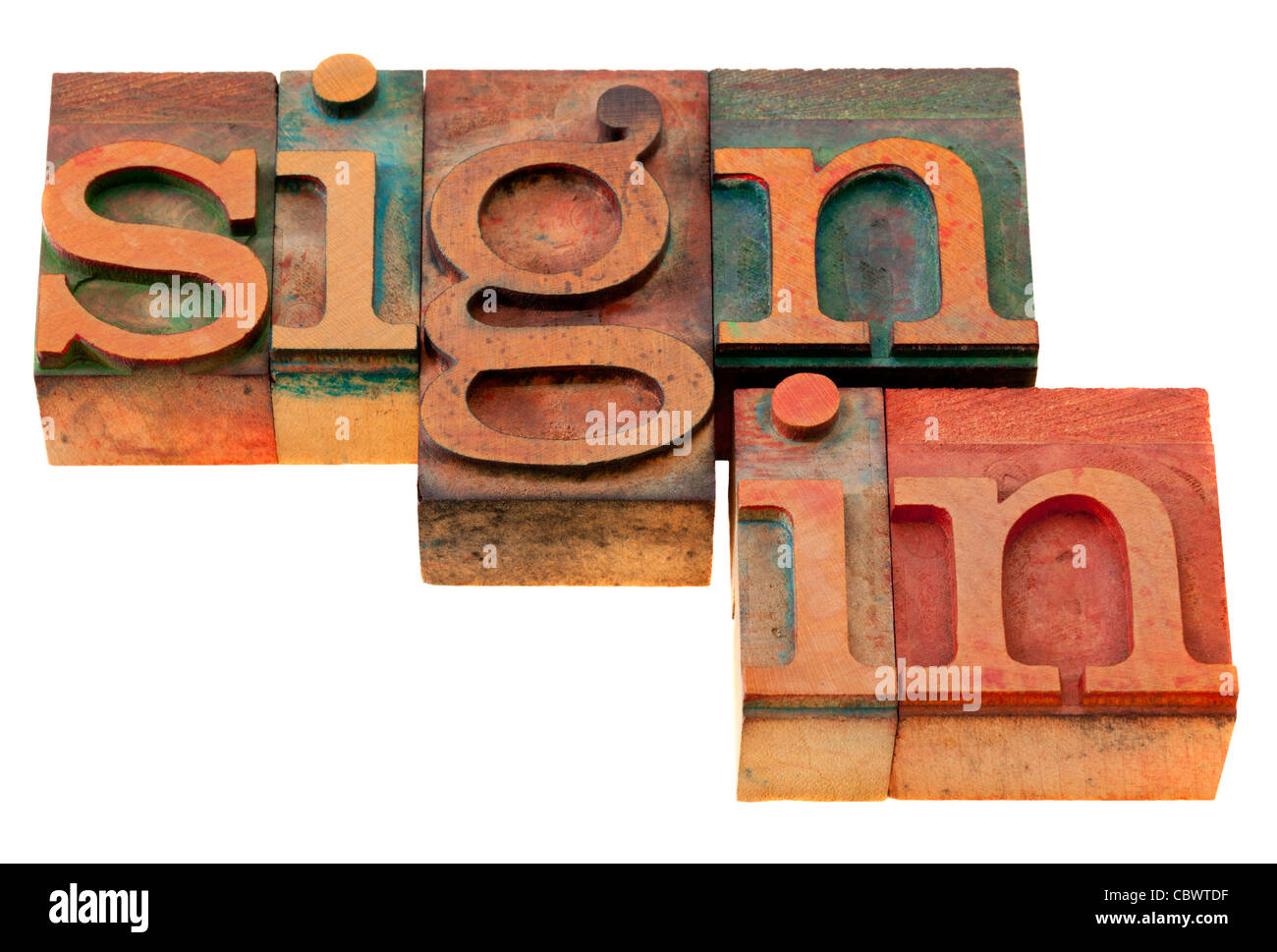 sign in - words in vintage wooden letterpress printing blocks, isolated on white Stock Photo