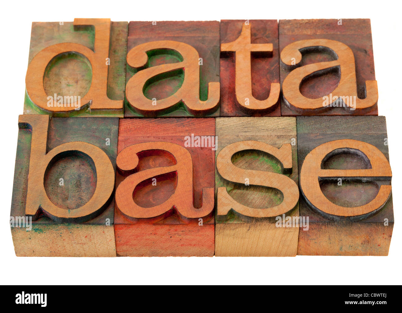 database word in vintage wooden letterpress printing blocks, stained by color inks, isolated on white Stock Photo