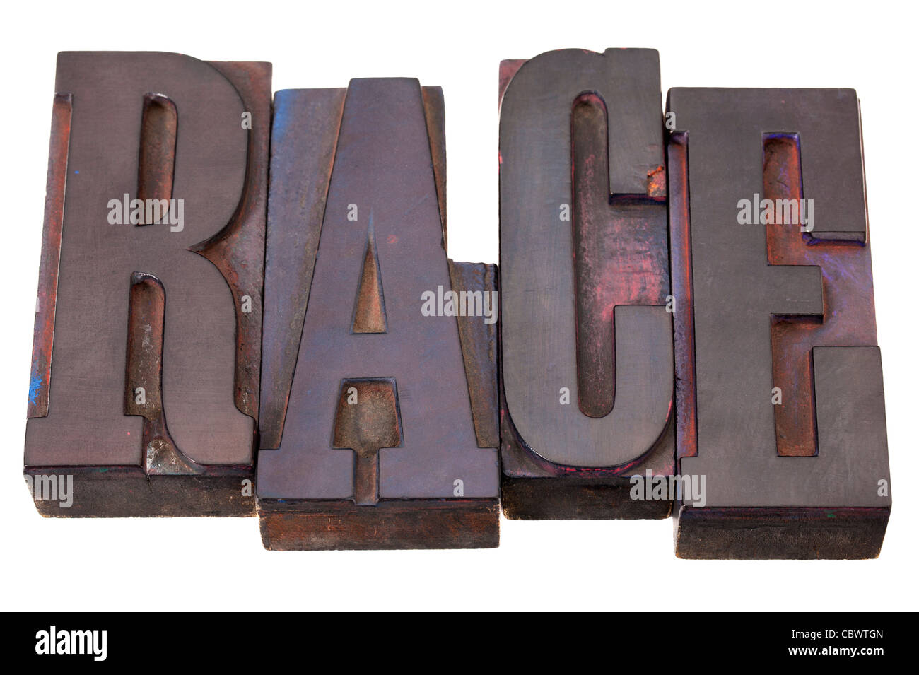 race or competition concept - word in antique letterpress printing blocks, stained by color inks, isolated on white Stock Photo