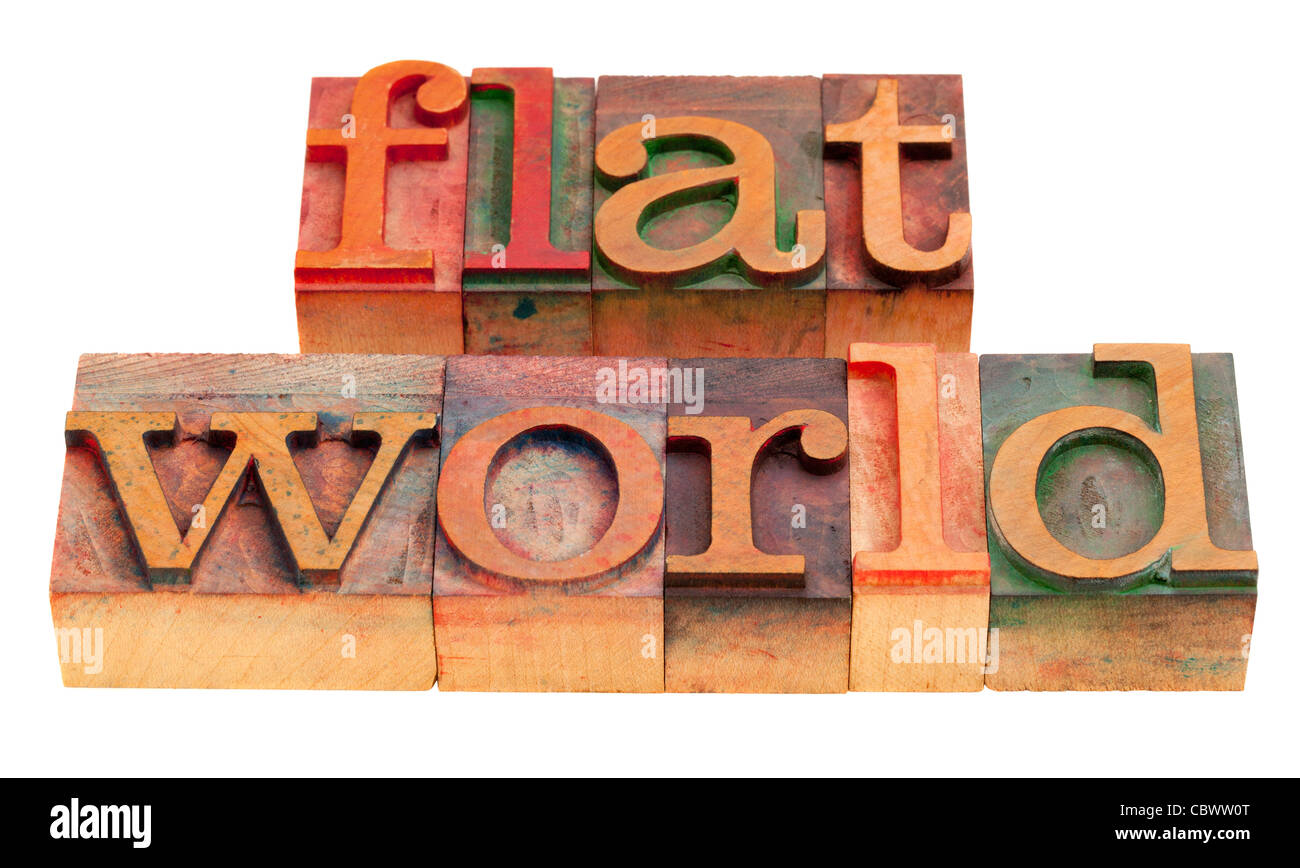 flat world, globalization concept - words in vintage wooden letterpress printing blocks isolated on white Stock Photo
