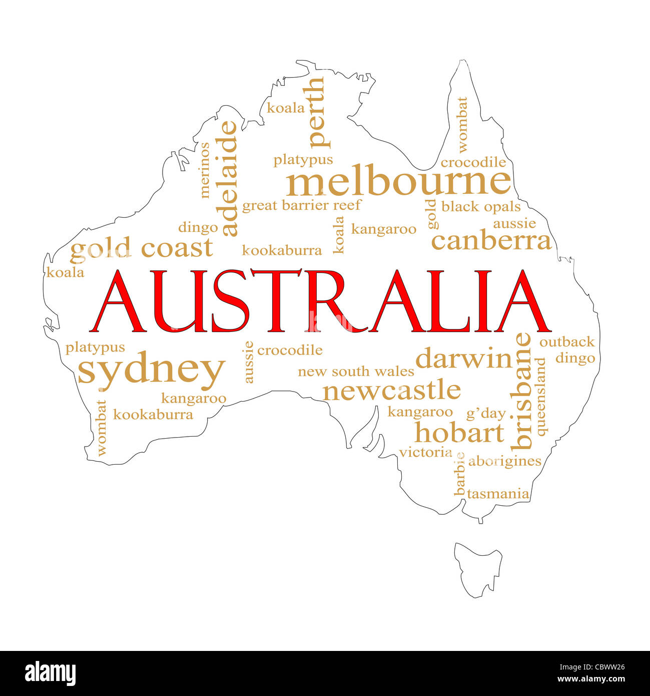 A map of Australia with different Australian terms around it such as Melbourne, Canberra, kangaroo, aborigines, Darwin and more Stock Photo