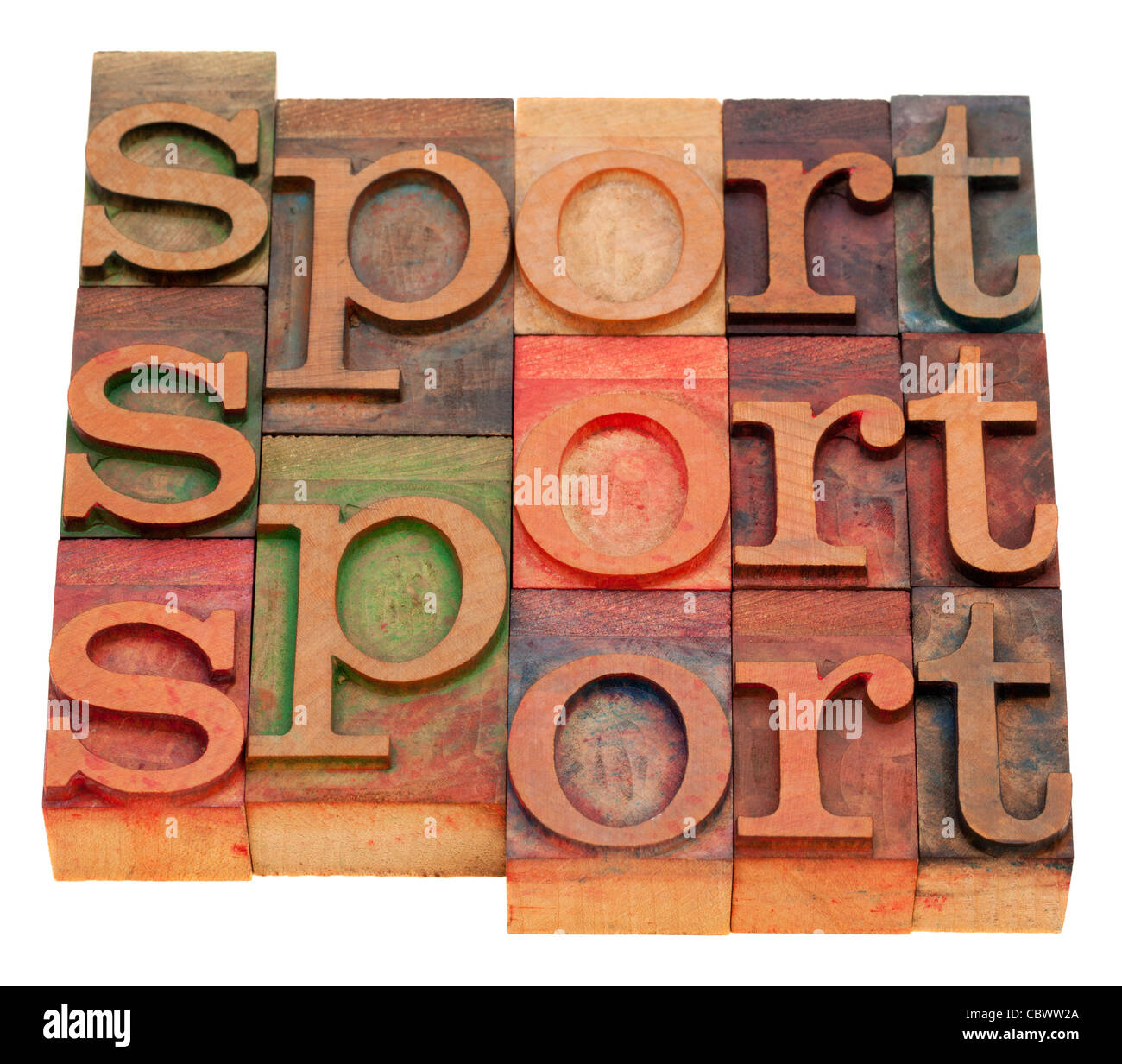 sport word abstract in vintage wooden letterpress printing blocks isolated on white Stock Photo
